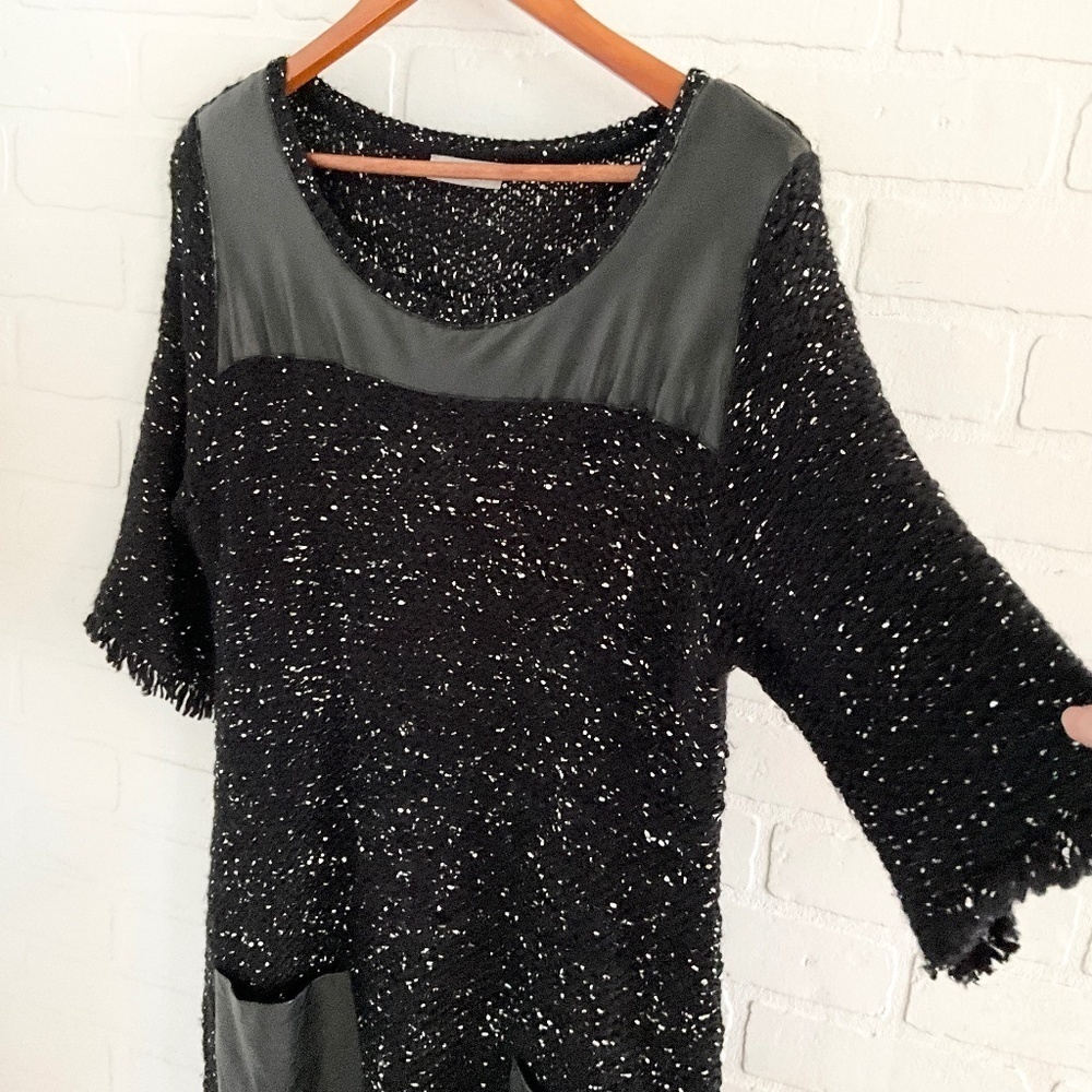 Vintage 80s Knit Midi dress Tweed Wool blend Vegan Leather Fringe Pull-on Sz 12